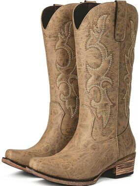 Women's Camel Embroidered Cowgirl Boots Western Mid Calf Fashion Chunky Heel